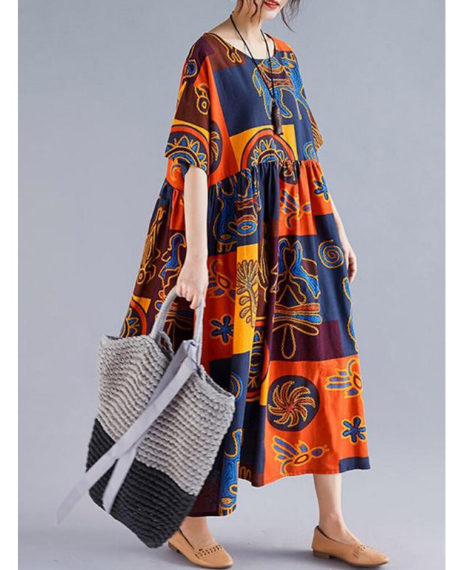 Women Retro Folk Style Print Loose O-Neck Short Sleeve Dress - Orange 008 Women Retro Folk Style Print Loose O-Neck Short Sleeve Dress - Orange 008