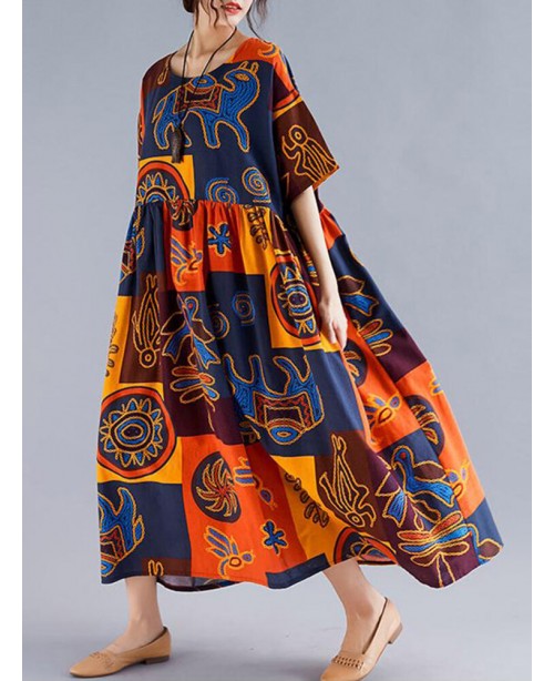 Women Retro Folk Style Print Loose O-Neck Short Sl... Women Retro Folk Style Print Loose O-Neck Short Sl...