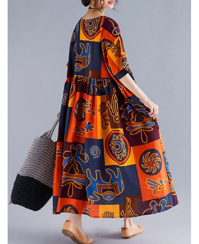 Women Retro Folk Style Print Loose O-Neck Short Sleeve Dress - Orange 008 Women Retro Folk Style Print Loose O-Neck Short Sleeve Dress - Orange 008