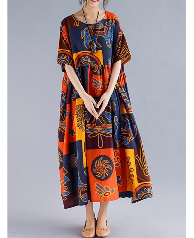 Women Retro Folk Style Print Loose O-Neck Short Sleeve Dress - Orange 008 Women Retro Folk Style Print Loose O-Neck Short Sleeve Dress - Orange 008