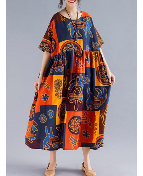 Women Retro Folk Style Print Loose O-Neck Short Sl... Women Retro Folk Style Print Loose O-Neck Short Sl...