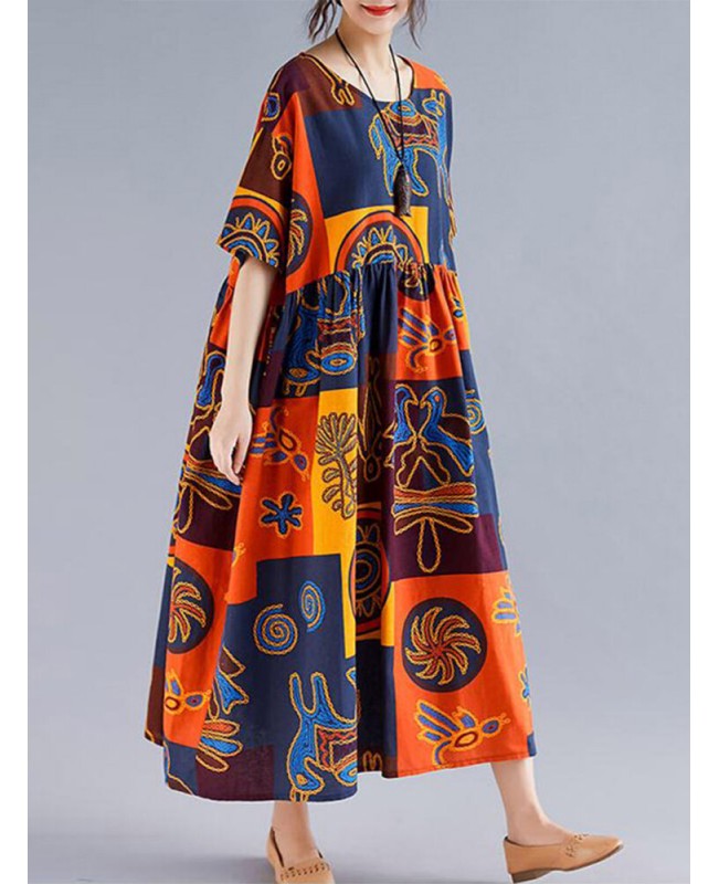 Women Retro Folk Style Print Loose O-Neck Short Sleeve Dress - Orange 008 Women Retro Folk Style Print Loose O-Neck Short Sleeve Dress - Orange 008