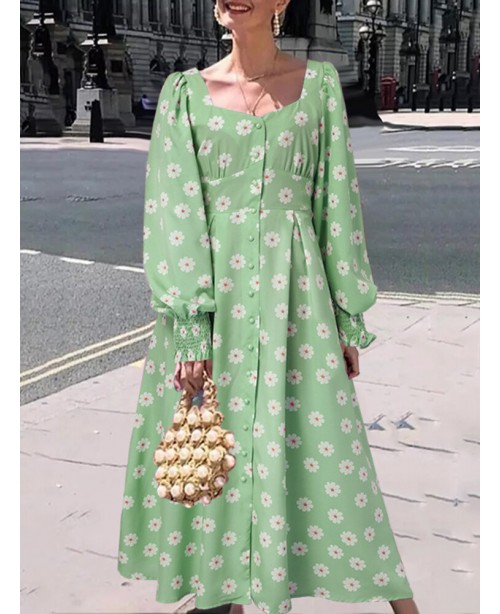Women Puff Sleeve Floral Printing Spliced Pleats M... Women Puff Sleeve Floral Printing Spliced Pleats M...