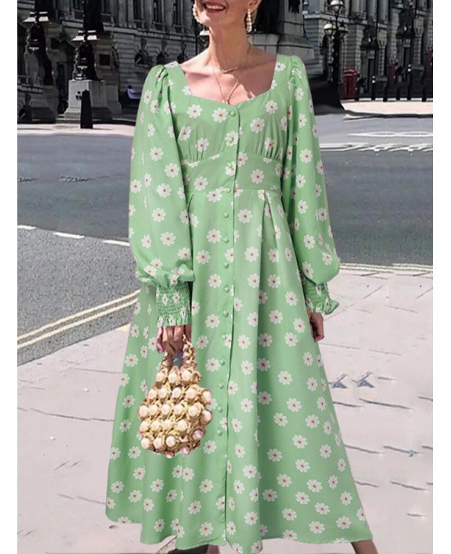 Women Puff Sleeve Floral Printing Spliced Pleats Mid-Calf Length Buttons Midi Dresses - Black XL Women Puff Sleeve Floral Printing Spliced Pleats Mid-Calf Length Buttons Midi Dresses - Black XL