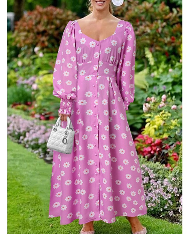 Women Puff Sleeve Floral Printing Spliced Pleats Mid-Calf Length Buttons Midi Dresses - Black XL Women Puff Sleeve Floral Printing Spliced Pleats Mid-Calf Length Buttons Midi Dresses - Black XL