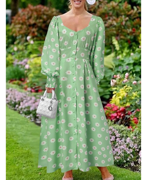 Women Puff Sleeve Floral Printing Spliced Pleats M... Women Puff Sleeve Floral Printing Spliced Pleats M...