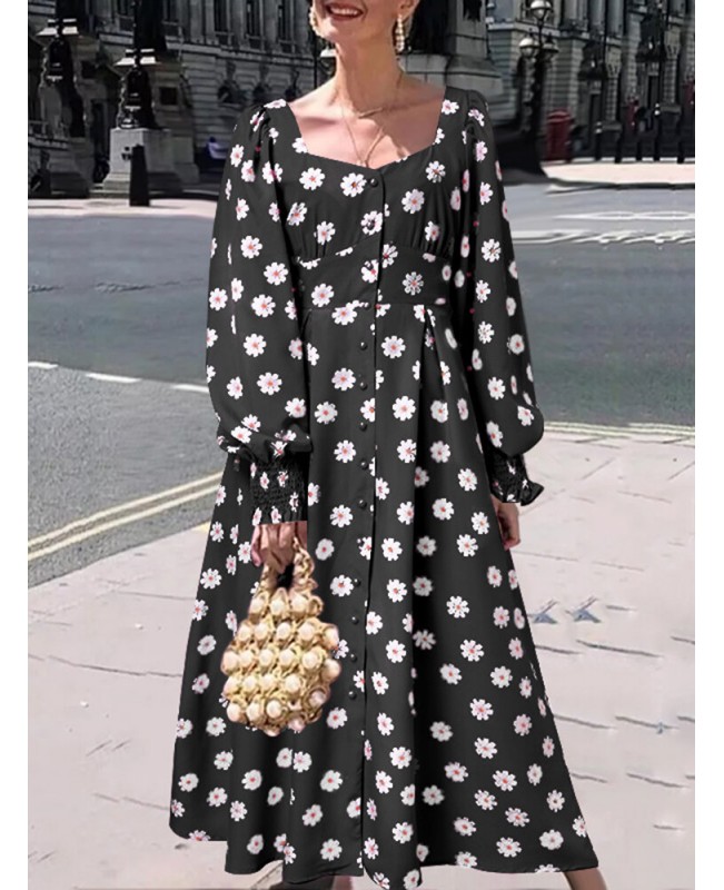 Women Puff Sleeve Floral Printing Spliced Pleats Mid-Calf Length Buttons Midi Dresses - Black XL Women Puff Sleeve Floral Printing Spliced Pleats Mid-Calf Length Buttons Midi Dresses - Black XL