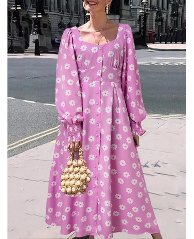 Women Puff Sleeve Floral Printing Spliced Pleats Mid-Calf Length Buttons Midi Dresses - Black XL Women Puff Sleeve Floral Printing Spliced Pleats Mid-Calf Length Buttons Midi Dresses - Black XL