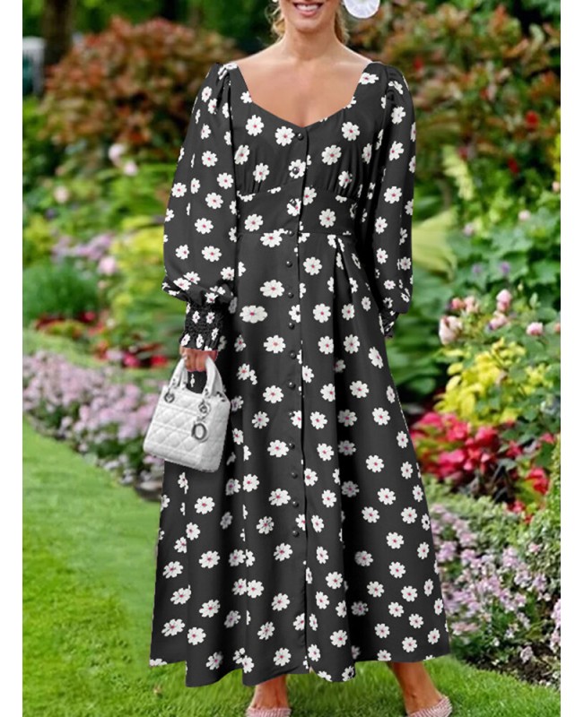 Women Puff Sleeve Floral Printing Spliced Pleats Mid-Calf Length Buttons Midi Dresses - Black XL Women Puff Sleeve Floral Printing Spliced Pleats Mid-Calf Length Buttons Midi Dresses - Black XL