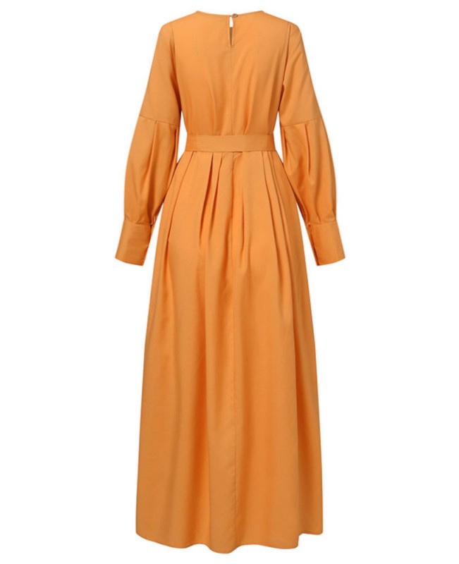Women Kaftan Tunic Latern Sleeve Waistband Solid Color Midi Dress - Black L