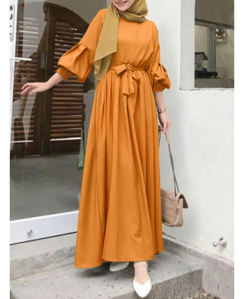 Women Kaftan Tunic Latern Sleeve Waistband Solid C...