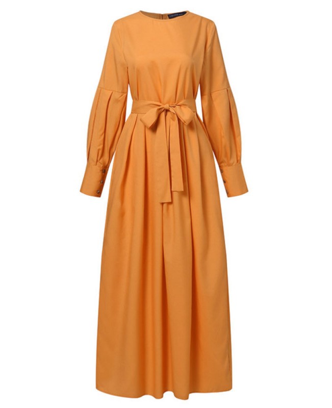Women Kaftan Tunic Latern Sleeve Waistband Solid Color Midi Dress - Black L