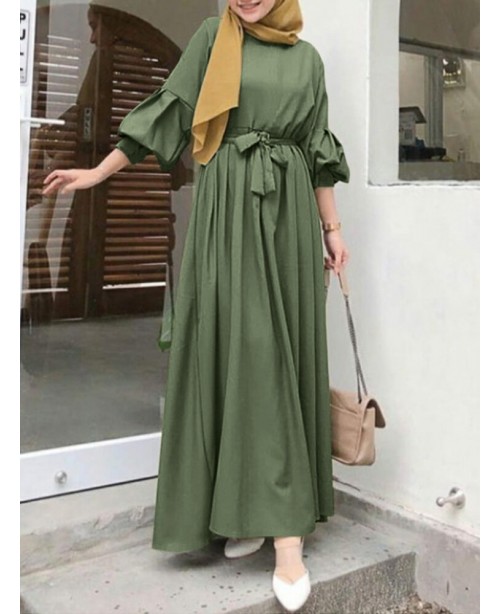 Women Kaftan Tunic Latern Sleeve Waistband Solid C...