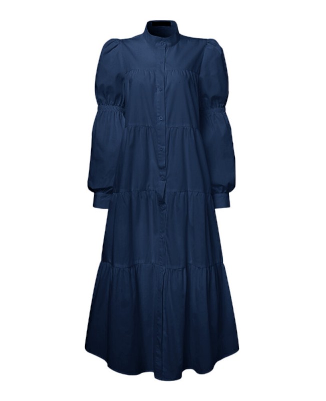 Women Solid Tiered Stand Collar Pleats Puff Sleeve Casual Shirt Midi Dresses - Black S Women Solid Tiered Stand Collar Pleats Puff Sleeve Casual Shirt Midi Dresses - Black S