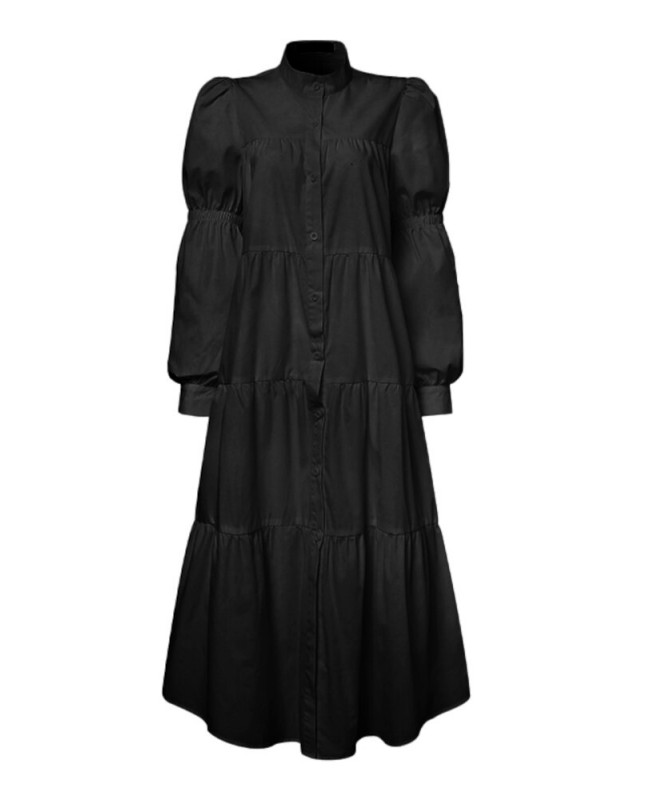 Women Solid Tiered Stand Collar Pleats Puff Sleeve Casual Shirt Midi Dresses - Black S Women Solid Tiered Stand Collar Pleats Puff Sleeve Casual Shirt Midi Dresses - Black S