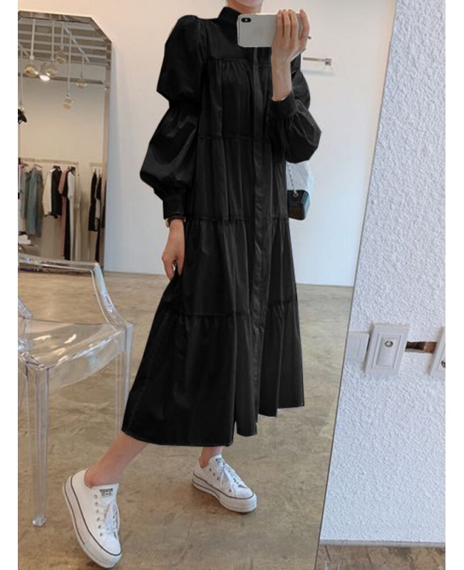 Women Solid Tiered Stand Collar Pleats Puff Sleeve Casual Shirt Midi Dresses - Black S Women Solid Tiered Stand Collar Pleats Puff Sleeve Casual Shirt Midi Dresses - Black S