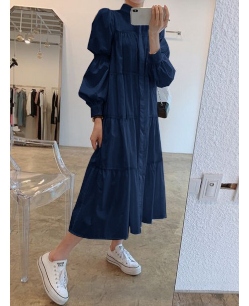 Women Solid Tiered Stand Collar Pleats Puff Sleeve... Women Solid Tiered Stand Collar Pleats Puff Sleeve...