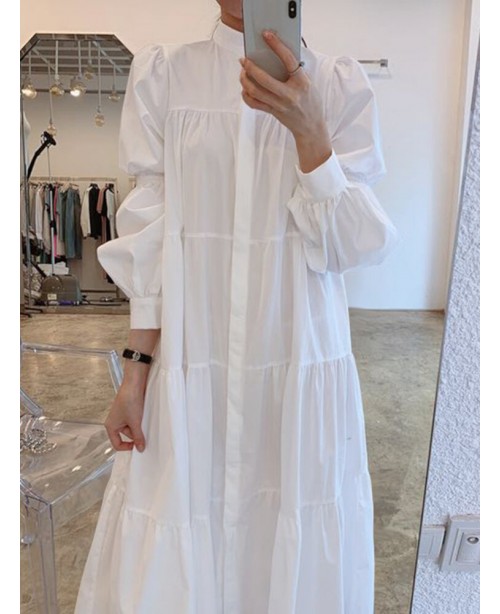 Women Solid Tiered Stand Collar Pleats Puff Sleeve... Women Solid Tiered Stand Collar Pleats Puff Sleeve...