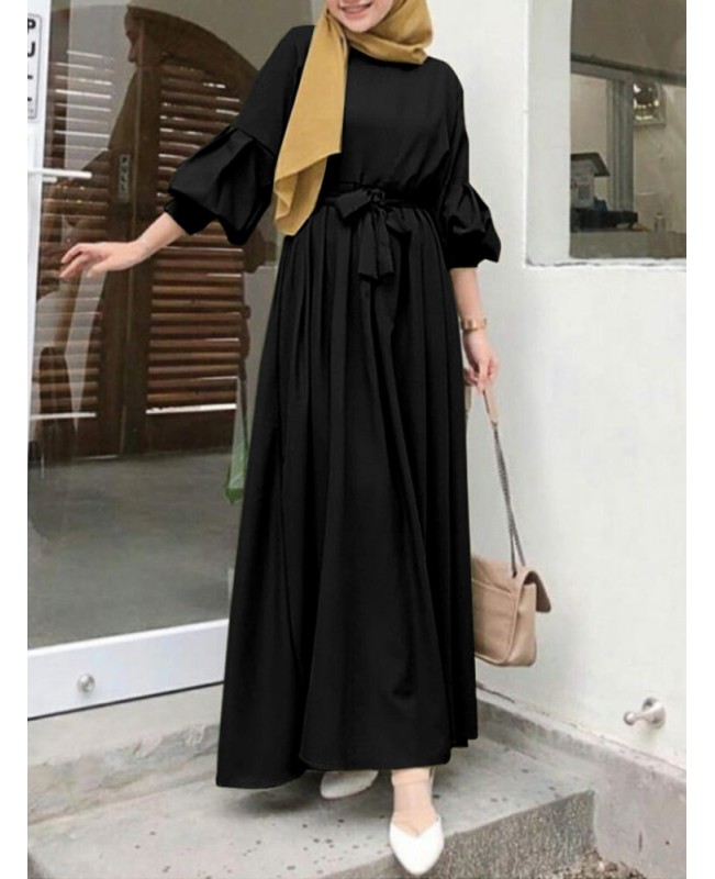 Women Kaftan Tunic Latern Sleeve Waistband Solid Color Midi Dress - Black L