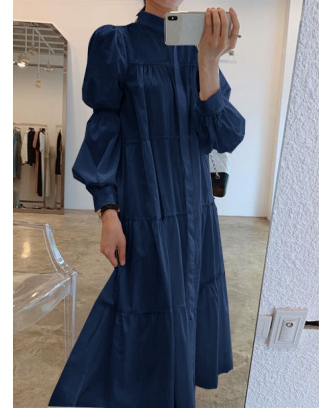 Women Solid Tiered Stand Collar Pleats Puff Sleeve Casual Shirt Midi Dresses - Black S Women Solid Tiered Stand Collar Pleats Puff Sleeve Casual Shirt Midi Dresses - Black S
