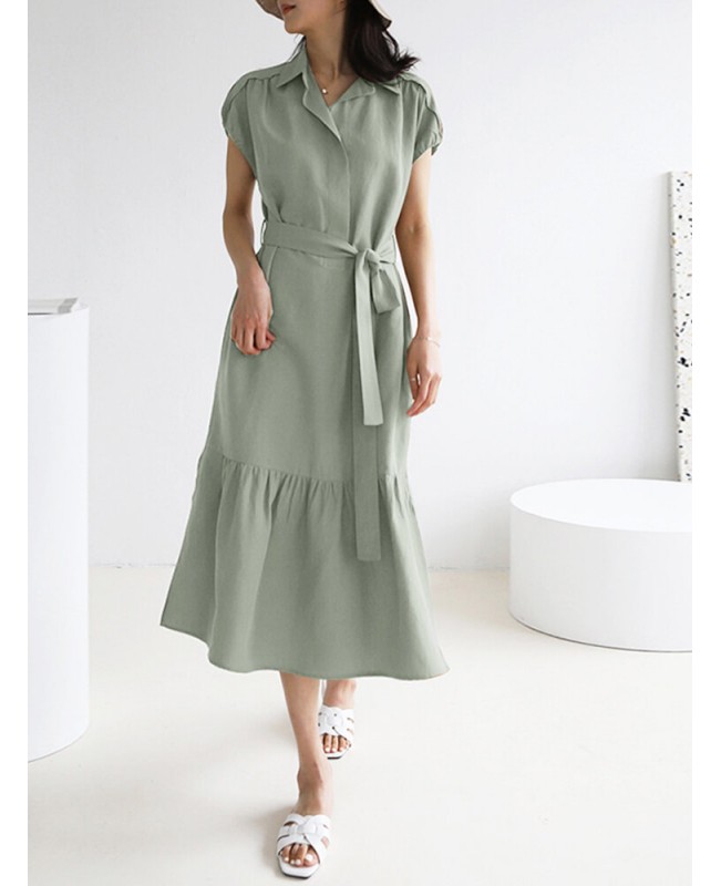 Solid Slit Pocket Lapel Short Sleeve Dress With Belt - Black S