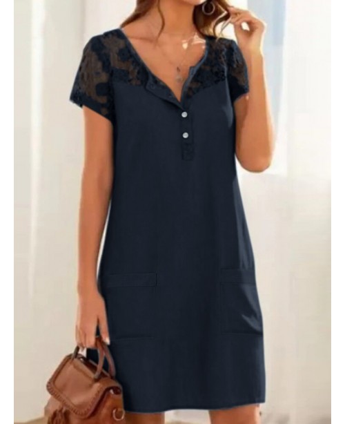 Solid Button Pocket Patchwork Hollow Out Short Sle...