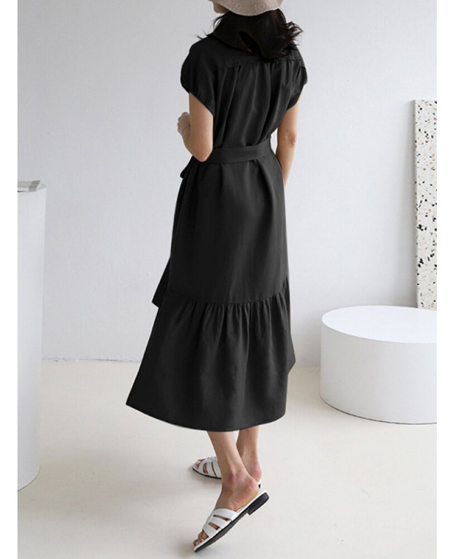 Solid Slit Pocket Lapel Short Sleeve Dress With Belt - Black S
