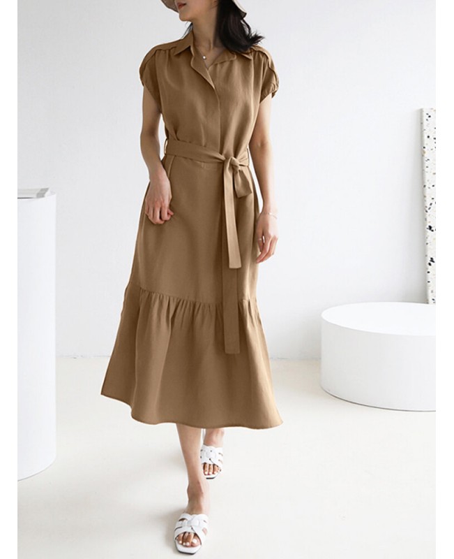 Solid Slit Pocket Lapel Short Sleeve Dress With Belt - Black S