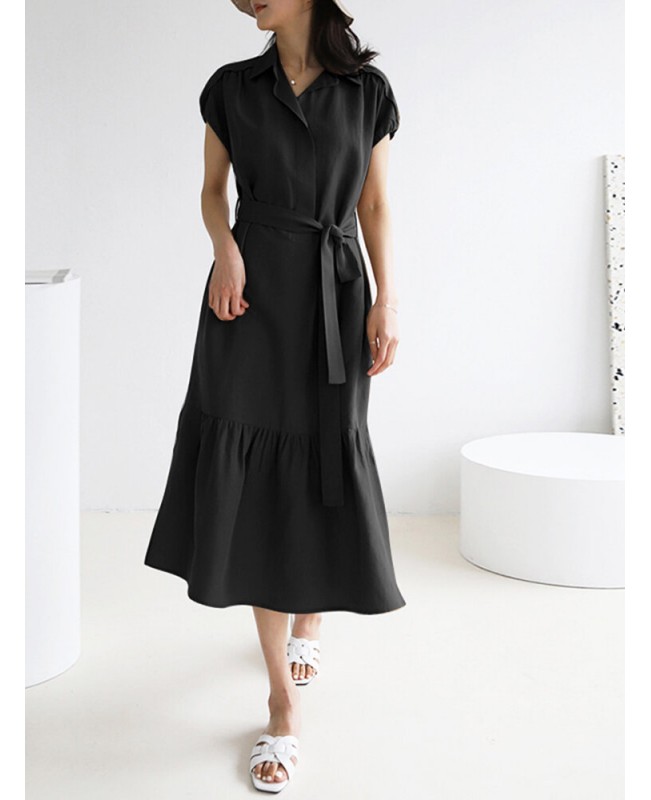 Solid Slit Pocket Lapel Short Sleeve Dress With Belt - Black S