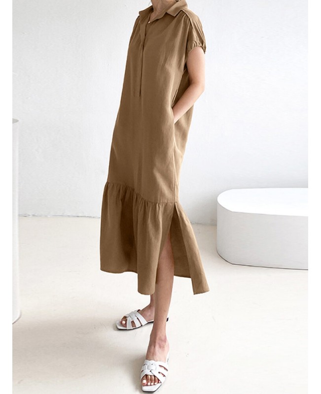 Solid Slit Pocket Lapel Short Sleeve Dress With Belt - Black S