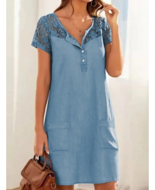 Solid Button Pocket Patchwork Hollow Out Short Sle...