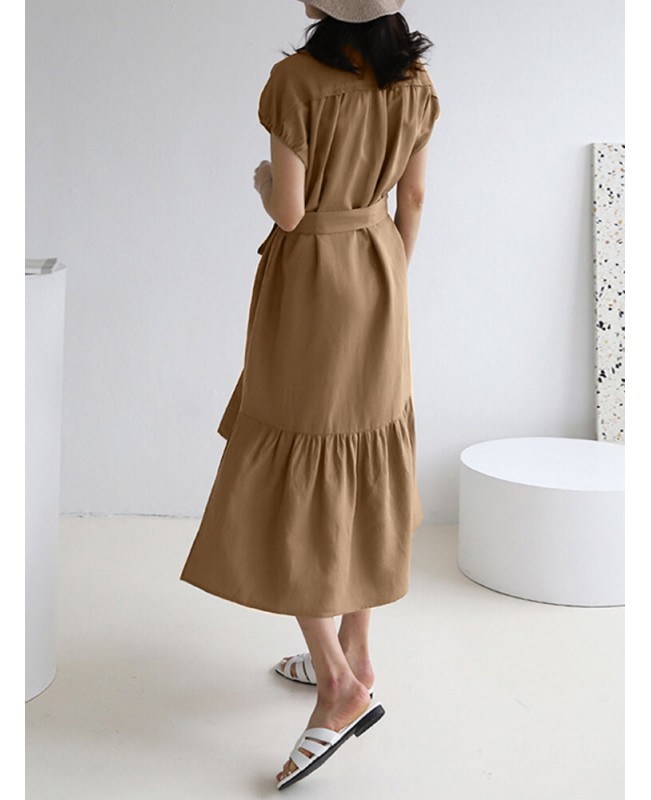 Solid Slit Pocket Lapel Short Sleeve Dress With Belt - Black S