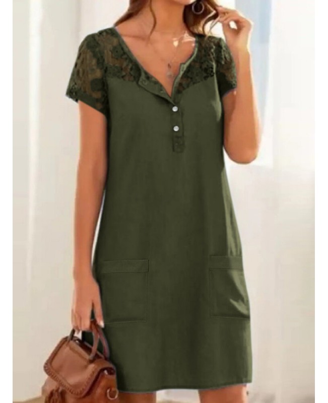 Solid Button Pocket Patchwork Hollow Out Short Sleeve Casual Dress - Light Blue M