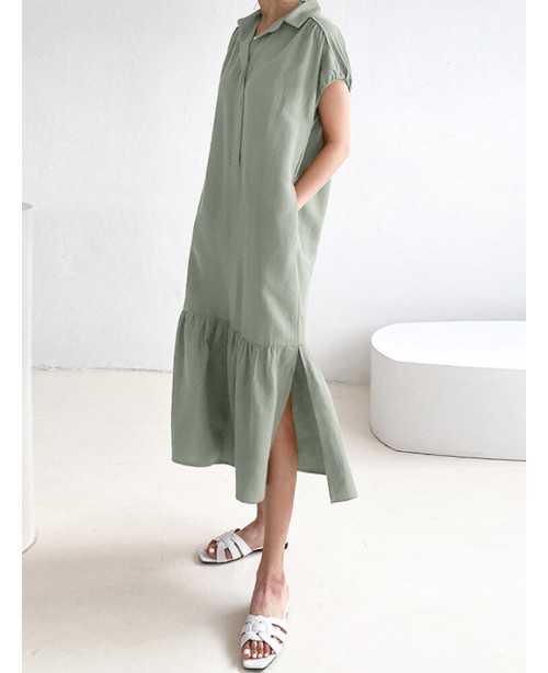 Solid Slit Pocket Lapel Short Sleeve Dress With Be...