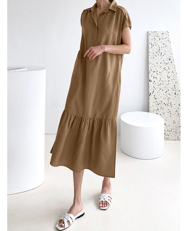 Solid Slit Pocket Lapel Short Sleeve Dress With Belt - Black S