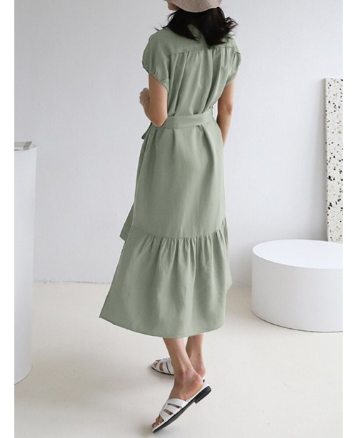 Solid Slit Pocket Lapel Short Sleeve Dress With Be...