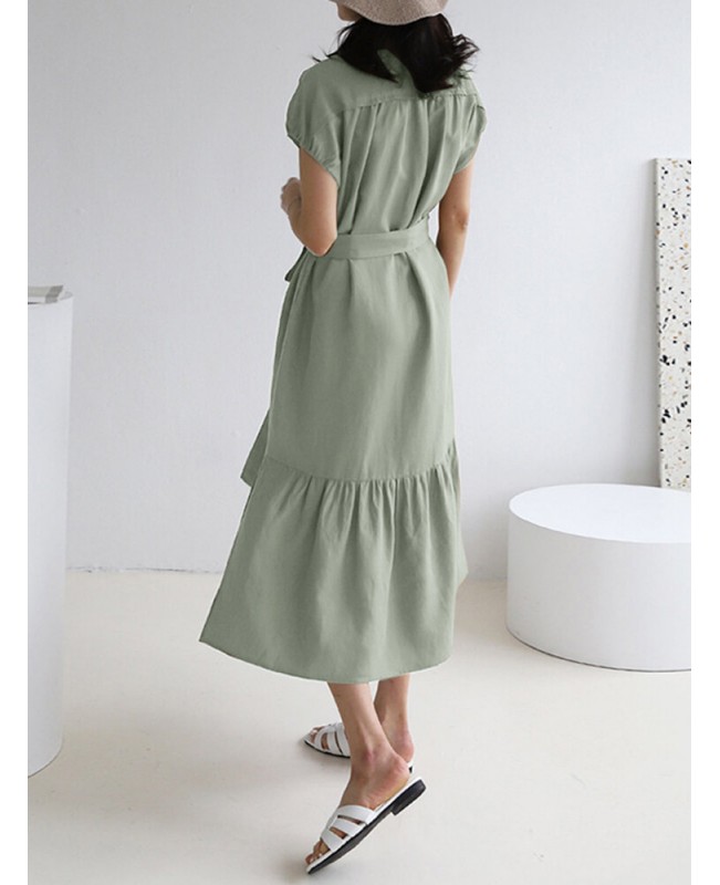 Solid Slit Pocket Lapel Short Sleeve Dress With Belt - Black S