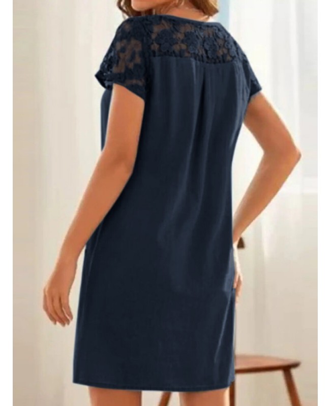 Solid Button Pocket Patchwork Hollow Out Short Sleeve Casual Dress - Light Blue M