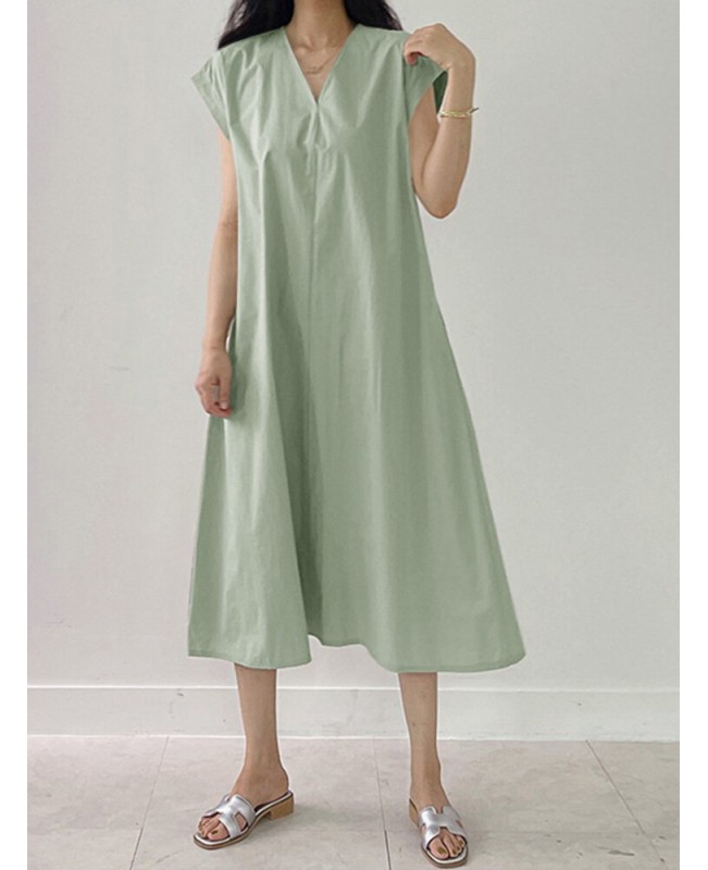 Solid V Neck Short Sleeve Midi Casual Dress - Green 4XL