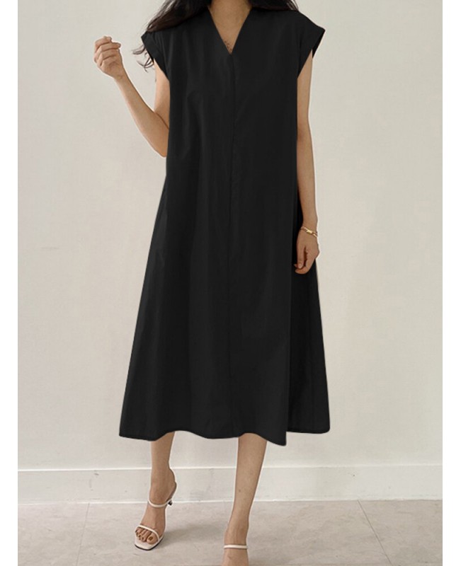 Solid V Neck Short Sleeve Midi Casual Dress - Green 4XL