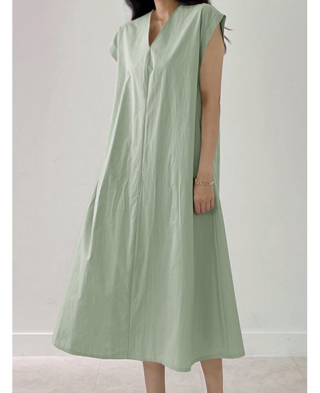 Solid V Neck Short Sleeve Midi Casual Dress - Green 4XL
