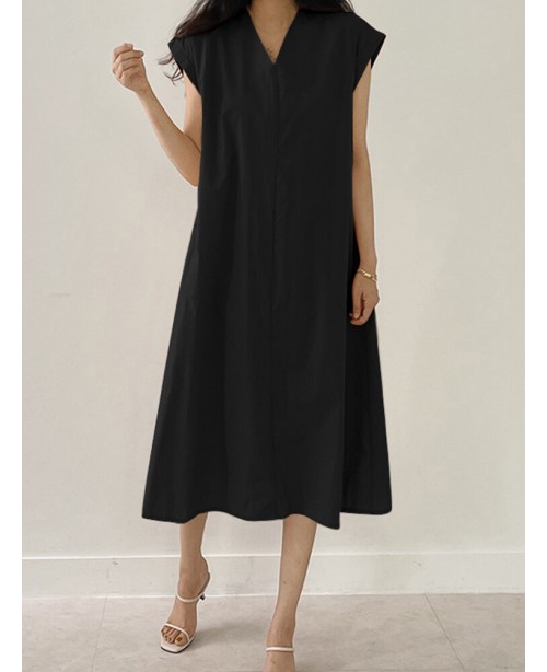 Solid V Neck Short Sleeve Midi Casual Dress - Gree...