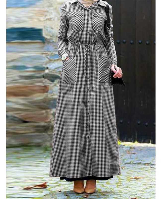 Women Plaid  Abaya Kaftan Style Long Sleeve Lapel Button Front Dress - Black S Women Plaid  Abaya Kaftan Style Long Sleeve Lapel Button Front Dress - Black S