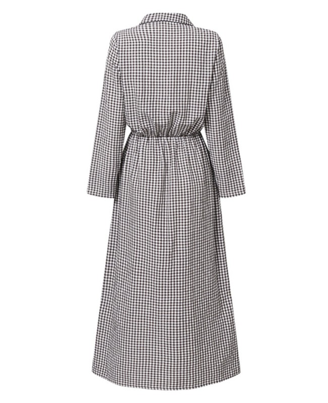 Women Plaid  Abaya Kaftan Style Long Sleeve Lapel Button Front Dress - Black S Women Plaid  Abaya Kaftan Style Long Sleeve Lapel Button Front Dress - Black S