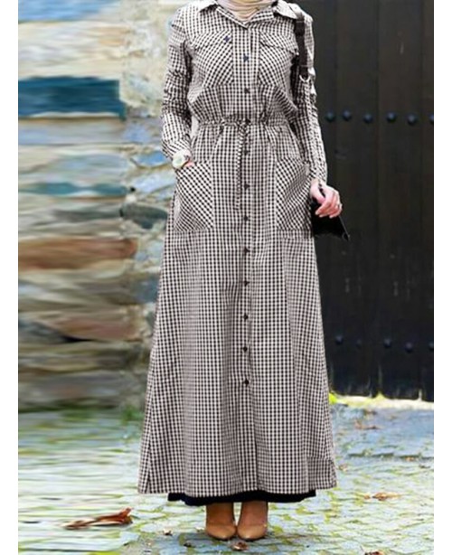 Women Plaid  Abaya Kaftan Style Long Sleeve Lapel ... Women Plaid  Abaya Kaftan Style Long Sleeve Lapel ...