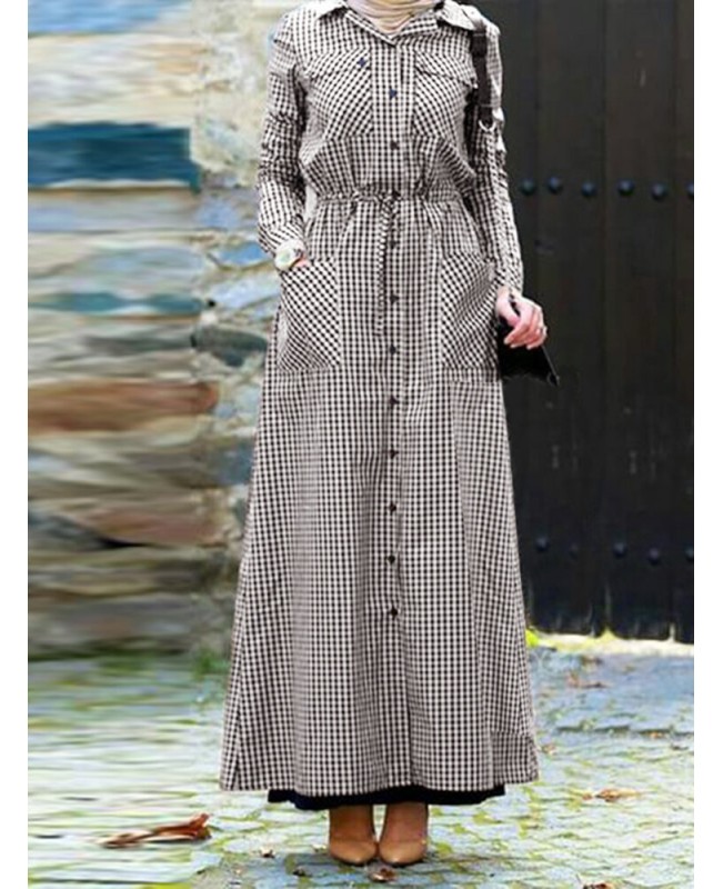 Women Plaid  Abaya Kaftan Style Long Sleeve Lapel Button Front Dress - Black S Women Plaid  Abaya Kaftan Style Long Sleeve Lapel Button Front Dress - Black S
