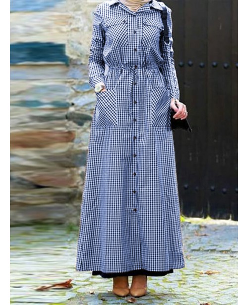Women Plaid  Abaya Kaftan Style Long Sleeve Lapel ... Women Plaid  Abaya Kaftan Style Long Sleeve Lapel ...