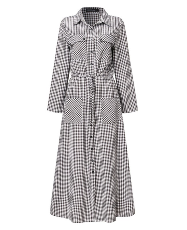 Women Plaid  Abaya Kaftan Style Long Sleeve Lapel Button Front Dress - Black S Women Plaid  Abaya Kaftan Style Long Sleeve Lapel Button Front Dress - Black S