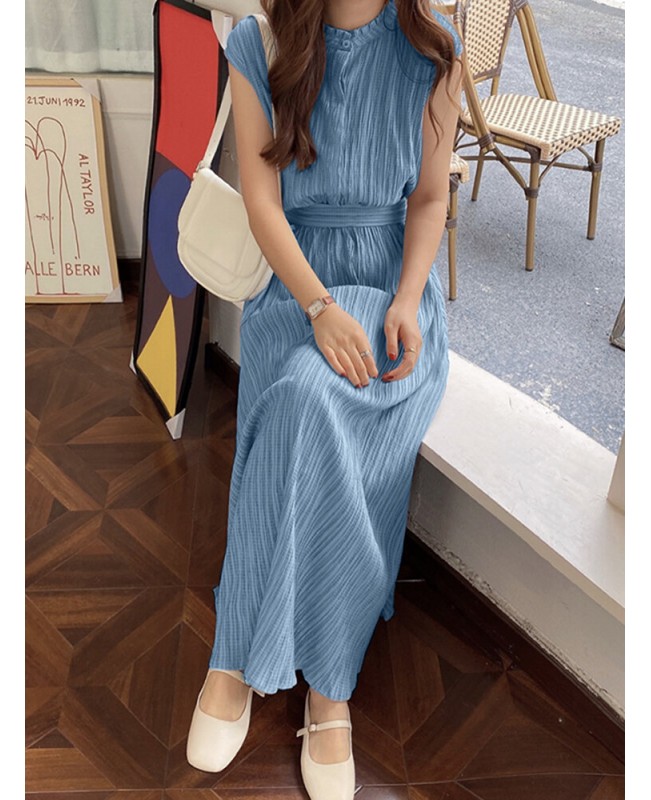 Textured Stand Collar Sleeveless Maxi Dress With Belt - Green S