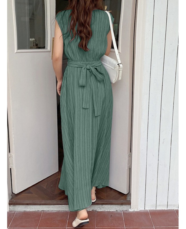 Textured Stand Collar Sleeveless Maxi Dress With Belt - Green S